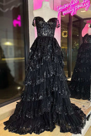 A-line Off Shoulder Sweetheart Sequin Lace Tulle Tiered Long Prom Dress, Slit