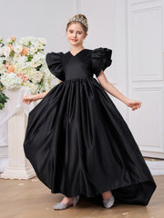 Schwarzes Satin-Rüschenshirt mit Schmetterlingsärmeln Hoch-Tief Ballkleid Hochzeitsfeier Mädchenkleid