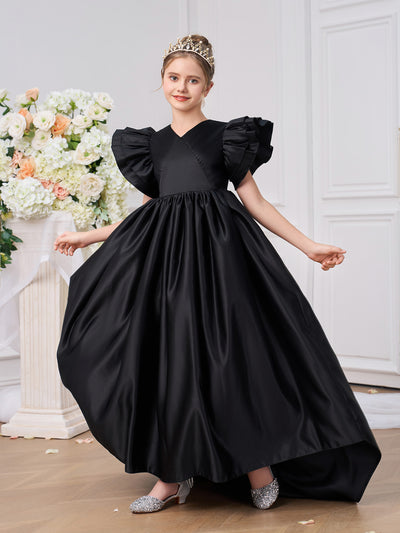 Robe de bal pour fille en satin noir à volants avec manches papillon à hauteur variable