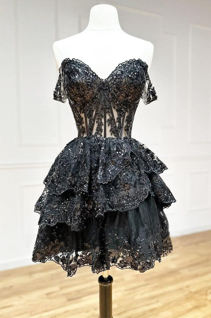 A-line Off Shoulder Sweetheart Layered Short Sequin Lace Tulle Homecoming Dress