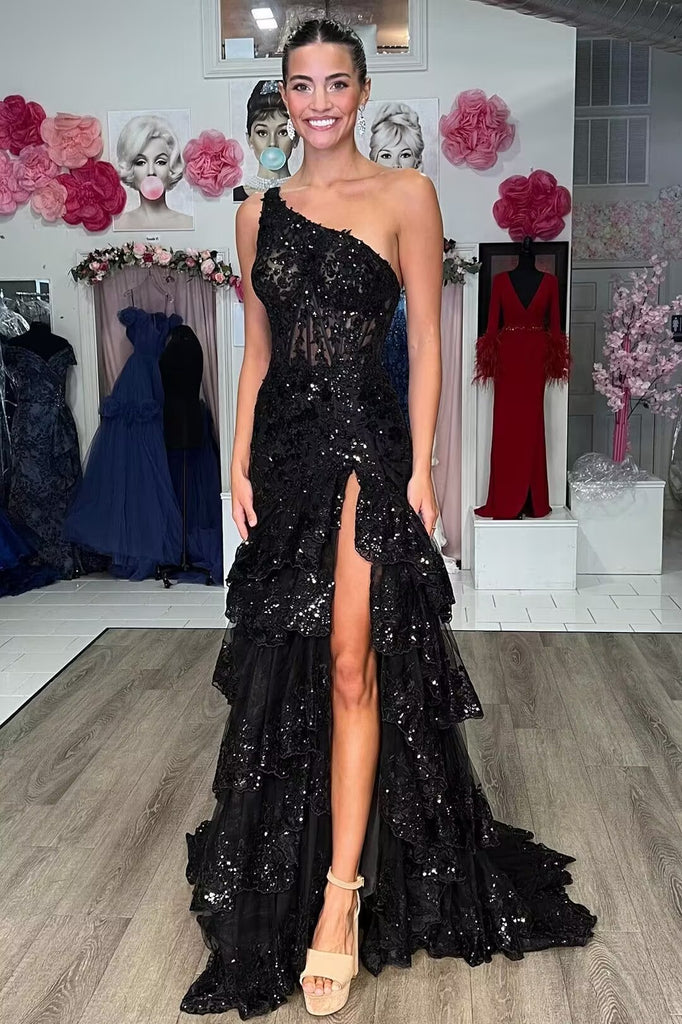 Sleeveless One Shoulder Lace Sequined Tulle Ruffled Tiered Long Prom Gown, Slit