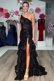 Sleeveless One Shoulder Lace Sequined Tulle Ruffled Tiered Long Prom Gown, Slit