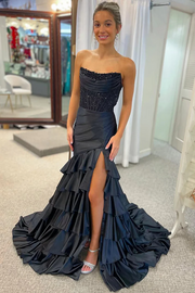 Strapless Scoop Tiered Pleated Fuchsia Satin Mermaid Sweep Prom Dress, Slit