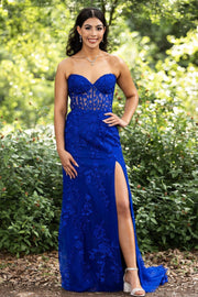 Mermaid Strapless Sweetheart Tulle Long Sweep Formal Party Prom Dress, Slit
