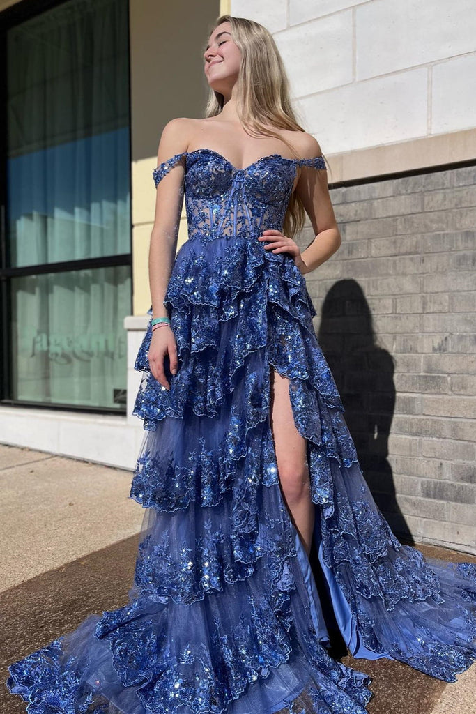 A-line Off Shoulder Sweetheart Sequin Lace Tulle Tiered Long Prom Dress, Slit