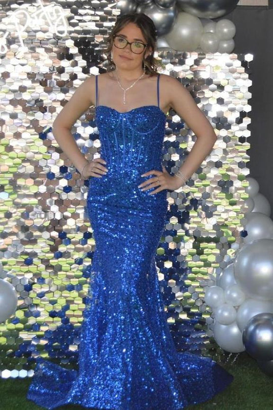 Mermaid Spaghetti Straps Glitter Sequins Long Sweep Train Prom Formal Dress