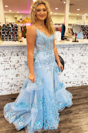 Mermaid Blue Sequin Lace V-Neck Organza Pageant Dress, Tiered Train