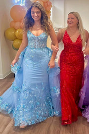 Mermaid Blue Sequin Lace V-Neck Organza Pageant Dress, Tiered Train