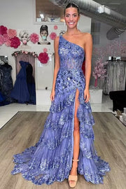 Sleeveless One Shoulder Lace Sequined Tulle Ruffled Tiered Long Prom Gown, Slit