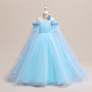 Abito da festa lungo formale per ragazza con spalle scoperte in tulle Princess Flowers, maniche a mantella con cintura