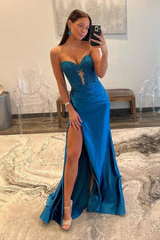 Strapless Sweetheart Beaded Purple Satin Floor Length Sweep Train Prom Dress, Slit