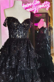 A-line Off Shoulder Sweetheart Sequin Lace Tulle Tiered Long Prom Dress, Slit