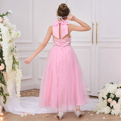 Robe de fête formelle sans manches en tulle rose, dos nu, ornée de perles, pour fille fleur, avec nœud.