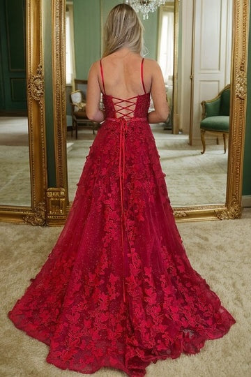 A-Line Square Neck Straps Empire Waist Beaded Lace Burgundy Prom Dress, Slit