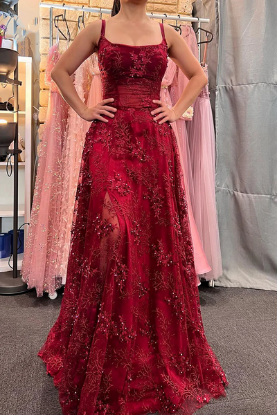 A-line Square Neck Straps Empire Waist Beaded Lace Burgundy Prom Dress, Slit