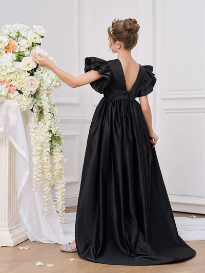 Robe de bal pour fille en satin noir à volants avec manches papillon à hauteur variable