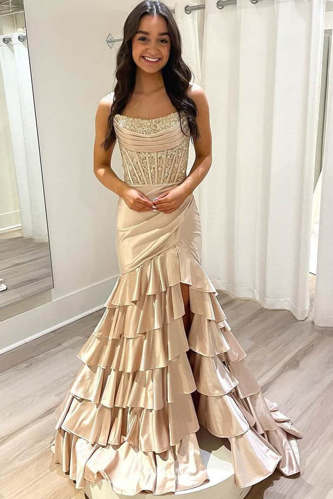 Strapless Scoop Tiered Pleated Fuchsia Satin Mermaid Sweep Prom Dress, Slit