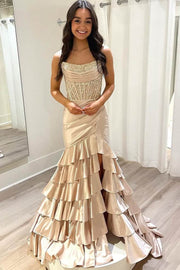 Strapless Scoop Tiered Pleated Fuchsia Satin Mermaid Sweep Prom Dress, Slit