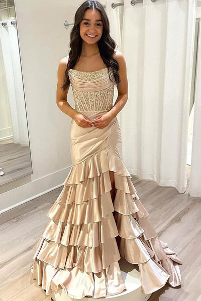 Strapless Scoop Tiered Pleated Fuchsia Satin Mermaid Sweep Prom Dress, Slit