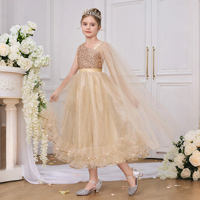 Robe de fête longue sans manches en tulle champagne à volants et sequins, cape