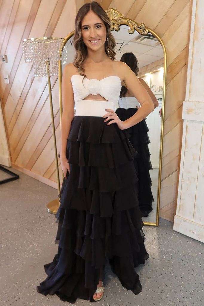 A-Line Strapless V-Neck Cut-out Layered Royal Blue Chiffon Prom Dress, Slit