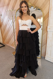 A-Line Strapless V-Neck Cut-out Layered Royal Blue Chiffon Prom Dress, Slit
