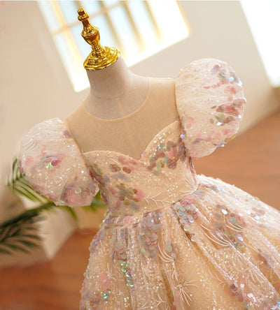 Robe de bal de princesse à manches bouffantes en sequins et dentelle pour enfants, robe de fête pour demoiselle d'honneur