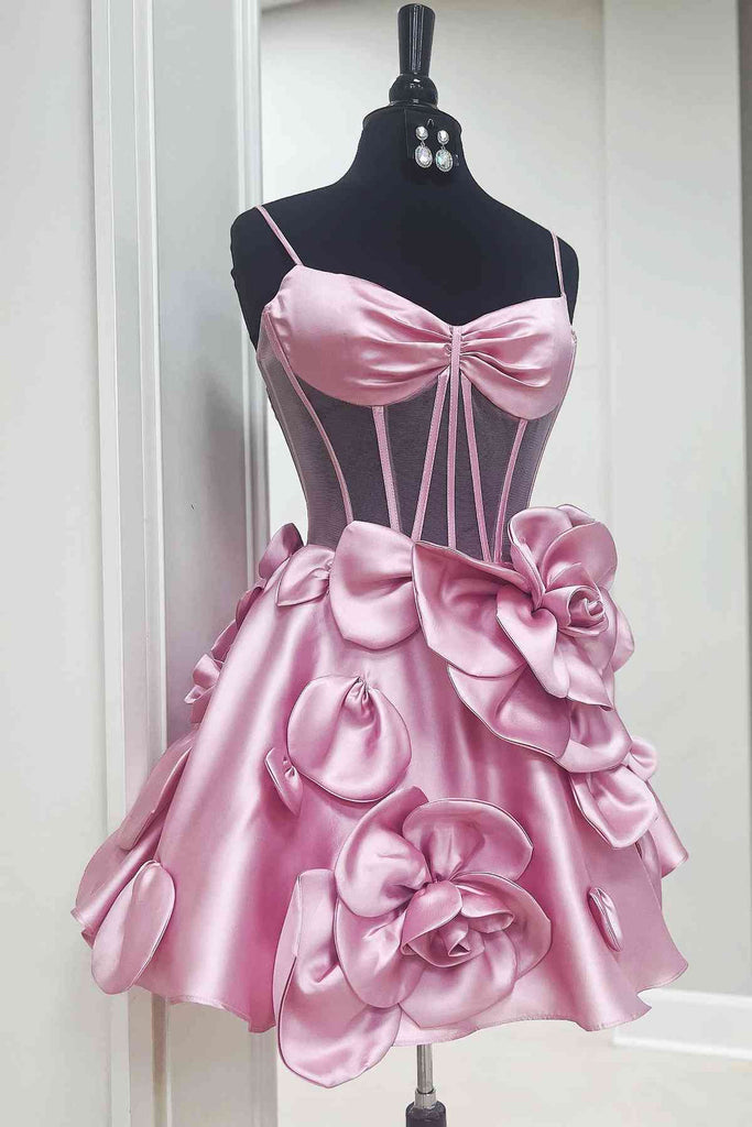 3D Floral Spaghetti Straps A-Line Sky Blue Satin Short Mini Homecoming Dress