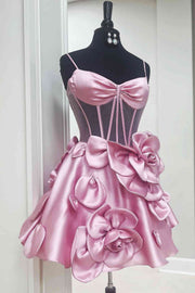3D Floral Spaghetti Straps A-Line Sky Blue Satin Short Mini Homecoming Dress