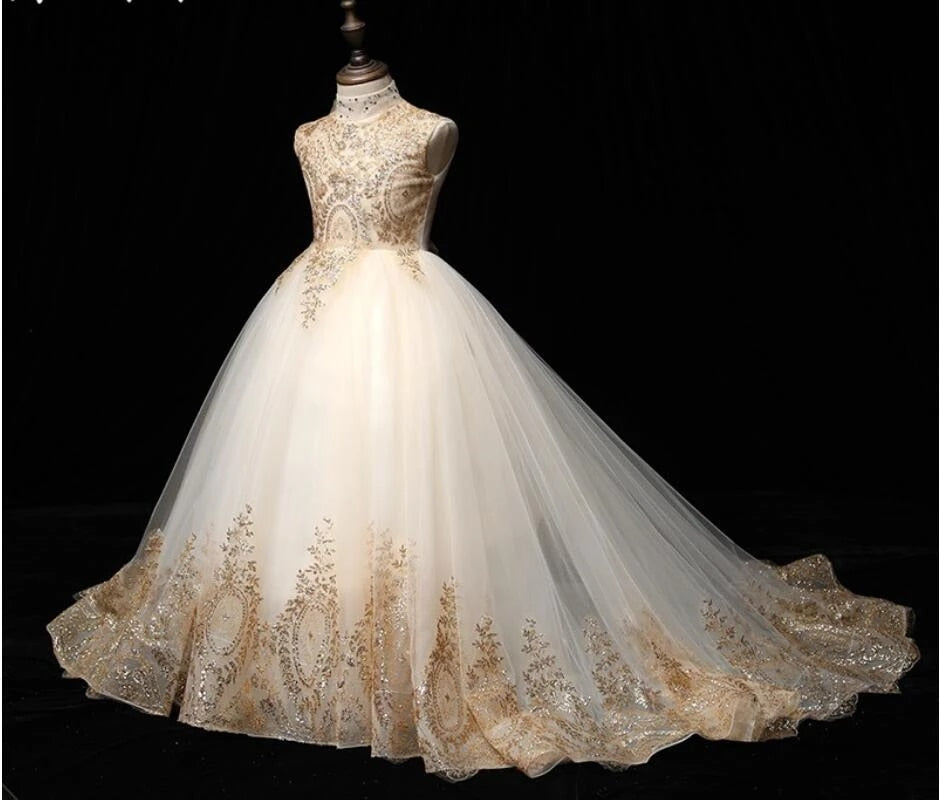 Golden Sequin Lace Ivory Tulle Ball Gown Wedding Flower Girl Dress Kids Party Gold / Custom Size Golden Sequin Lace Ivory Tulle Ball Gown Wedding Flower Girl Dress Kids Party Gold / Custom Size