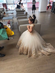 Golden Sequin Lace Ivory Tulle Ball Gown Wedding Flower Girl Dress Kids Party