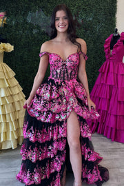 A-line Off Shoulder Sweetheart Sequin Lace Tulle Tiered Long Prom Dress, Slit