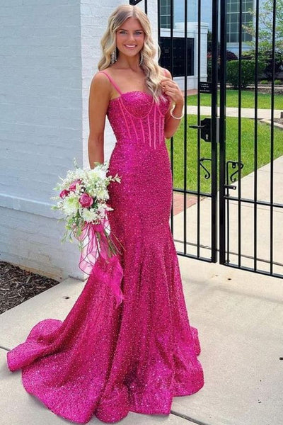 Mermaid Spaghetti Straps Glitter Sequins Long Sweep Train Prom Formal Dress