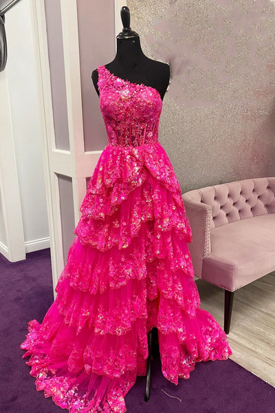 Vestido de Promoción de Tulle con Volantes en Capas, Corsé de Un Hombro en Fucsia, Corte en A, Con Abertura