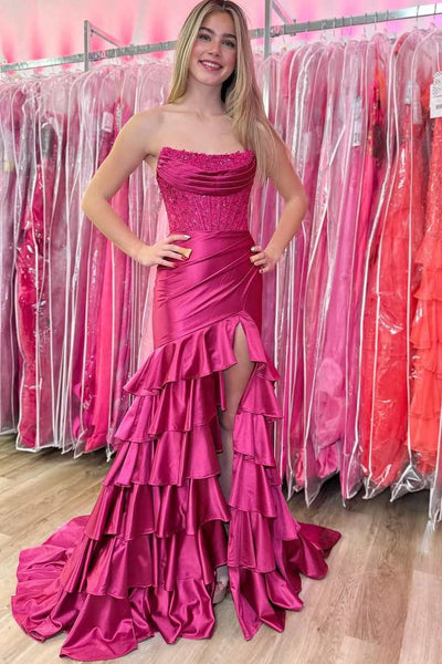 Strapless Scoop Tiered Pleated Fuchsia Satin Mermaid Sweep Prom Dress, Slit