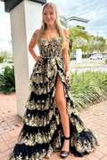 A-line Off Shoulder Sweetheart Sequin Lace Tulle Tiered Long Prom Dress, Slit