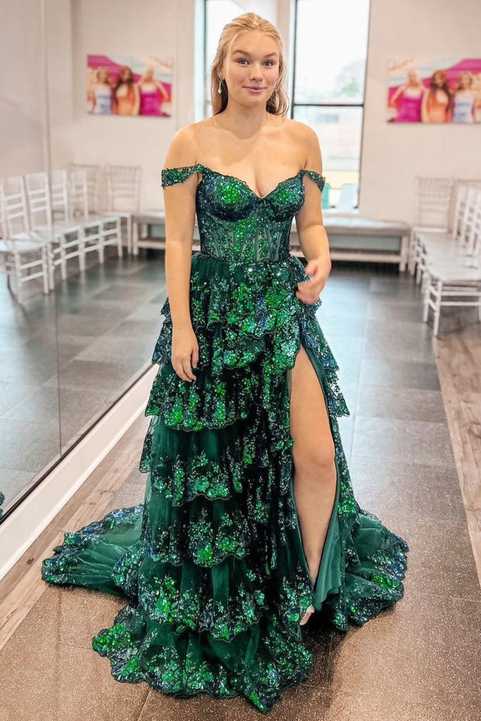 A-line Off Shoulder Sweetheart Sequin Lace Tulle Tiered Long Prom Dress, Slit