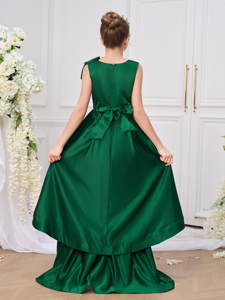 Abito da cerimonia per ragazza dei fiori senza maniche in raso verde, con strascico e fiocco in vita