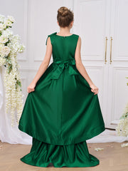 Abito da cerimonia per ragazza dei fiori senza maniche in raso verde, con strascico e fiocco in vita