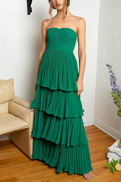 Emerald Green Strapless Ruched Multi-Layer Chiffon Long Formal Prom Party Dress