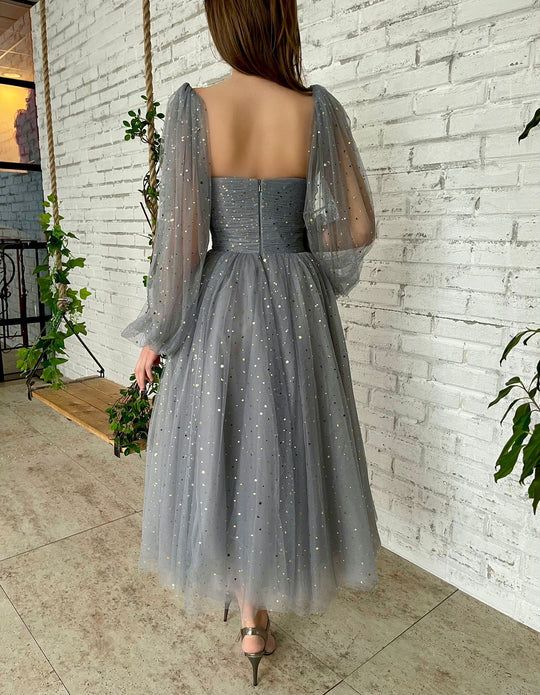 Grey Soft Tulle Romantic Midi Dress