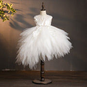 Swan Crystal Asymmetrical Tulle Ball Gown First Holy Communion Flower Girl Dress