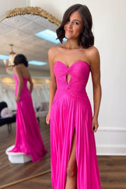 A-line Strapless Knot Cutout Pleats Mint Chiffon Sweep Train Prom Dress, Slit