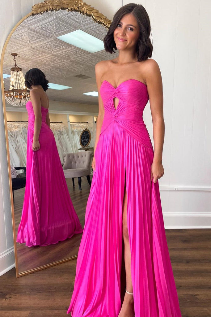 A-line Strapless Knot Cutout Pleats Mint Chiffon Sweep Train Prom Dress, Slit