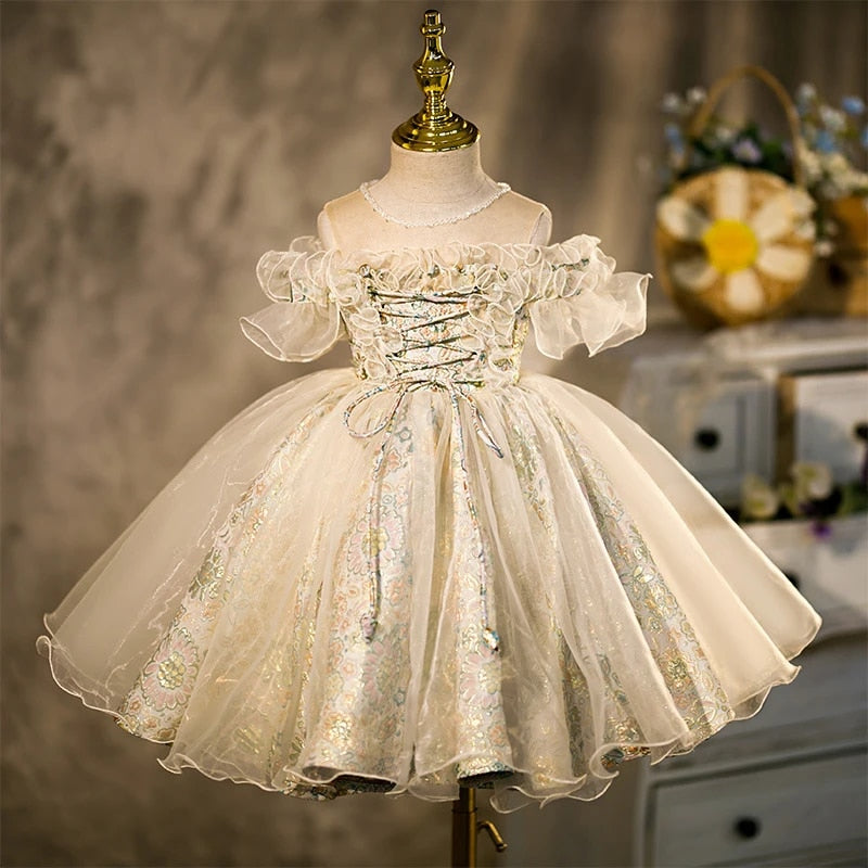 Tutu Princess Ball Gown Lace Tulle Baby 1st Birthday Party Wedding Flower Girl Dress Army Green / 4T