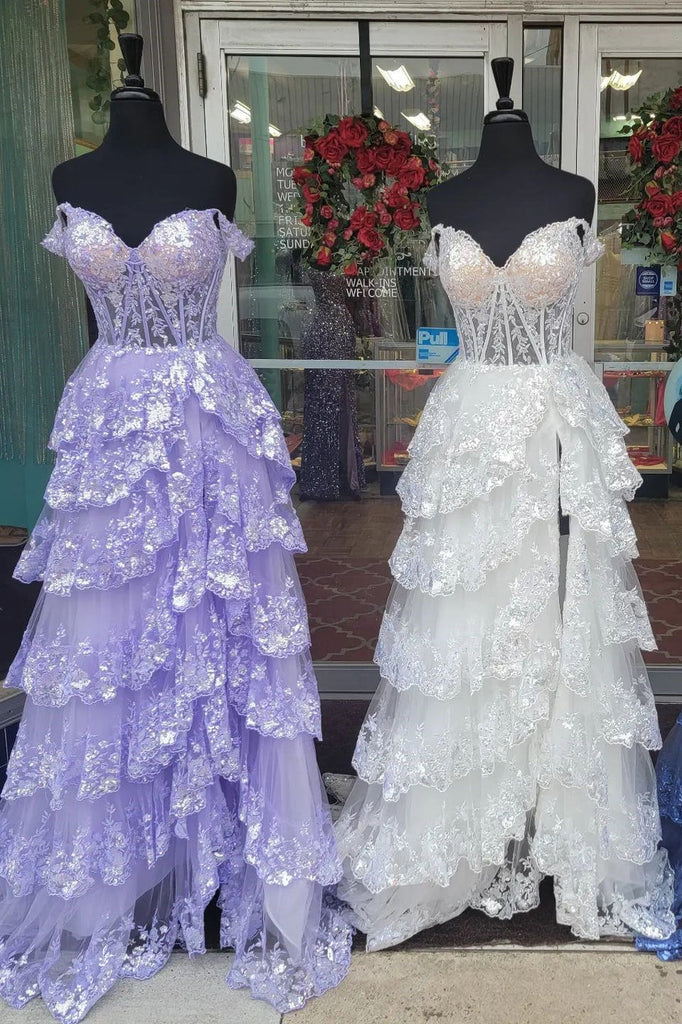 A-line Off Shoulder Sweetheart Sequin Lace Tulle Tiered Long Prom Dress, Slit