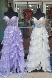 A-line Off Shoulder Sweetheart Sequin Lace Tulle Tiered Long Prom Dress, Slit