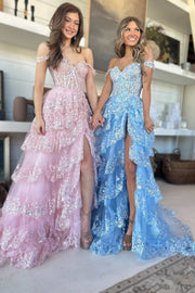 A-line Off Shoulder Sweetheart Sequin Lace Tulle Tiered Long Prom Dress, Slit