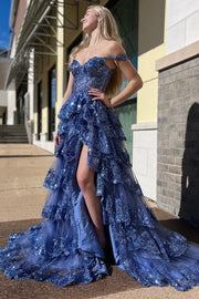 A-line Off Shoulder Sweetheart Sequin Lace Tulle Tiered Long Prom Dress, Slit