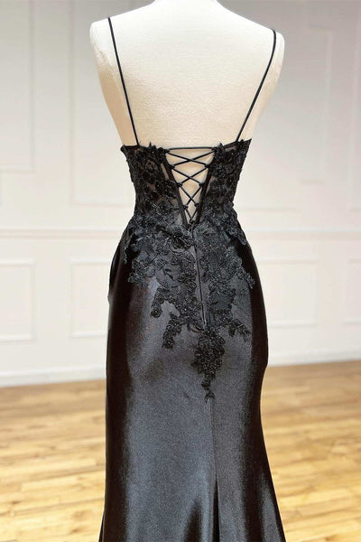Spaghetti Straps V-Neck Lace-Up Black Satin Floor Length Prom Gown, Lace Appliques Slit